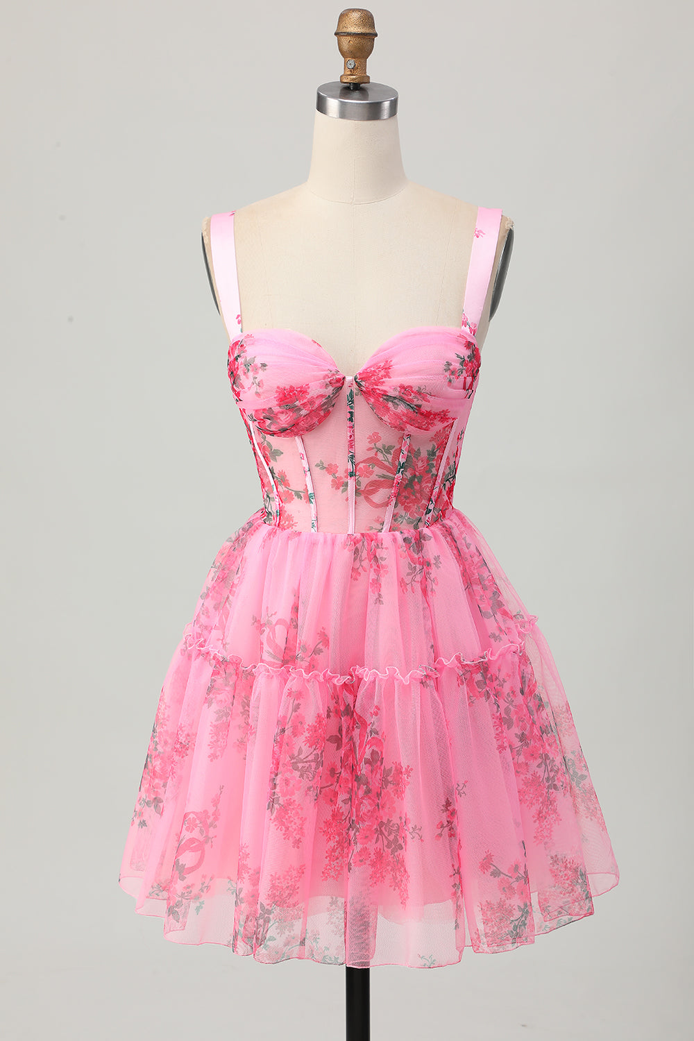 Pink Floral A Line Corset Short Prom Dress with Ruffles