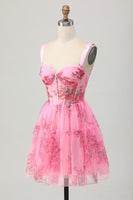 Load image into Gallery viewer, Pink Floral A Line Corset Short Prom Dress with Ruffles
