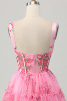 Load image into Gallery viewer, Pink Floral A Line Corset Short Prom Dress with Ruffles