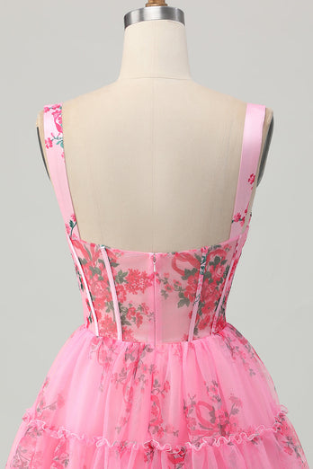 Pink Floral A Line Corset Short Prom Dress with Ruffles