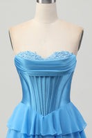 Load image into Gallery viewer, Blue Corset Sweetheart Ruched Short Prom Dress with Appliques
