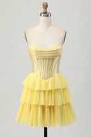 Load image into Gallery viewer, Yellow Ruched Corset Sweetheart Short Prom Dress with Appliques