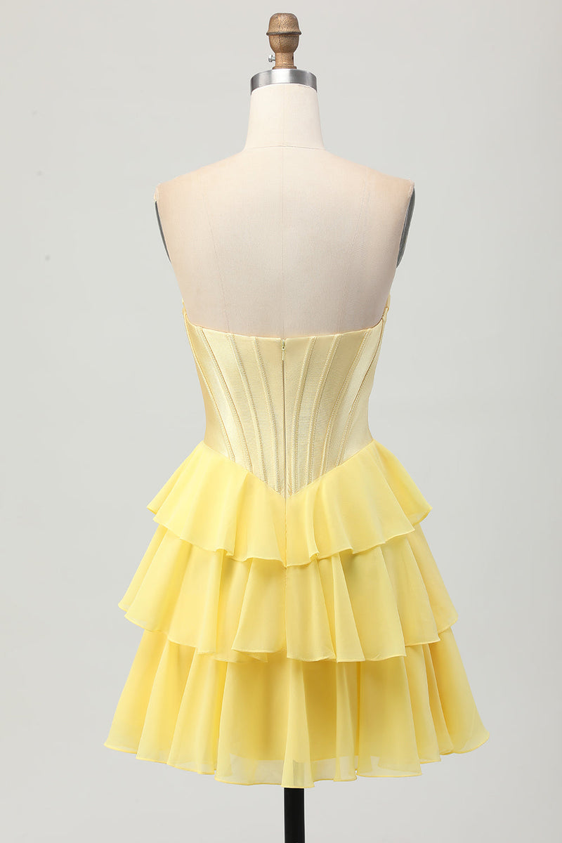Load image into Gallery viewer, Yellow Ruched Corset Sweetheart Short Prom Dress with Appliques