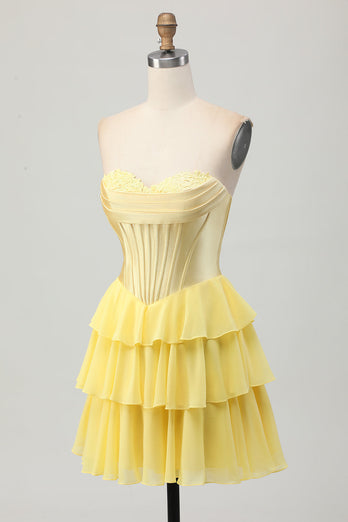 Yellow Ruched Corset Sweetheart Short Prom Dress with Appliques