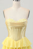 Load image into Gallery viewer, Yellow Ruched Corset Sweetheart Short Prom Dress with Appliques