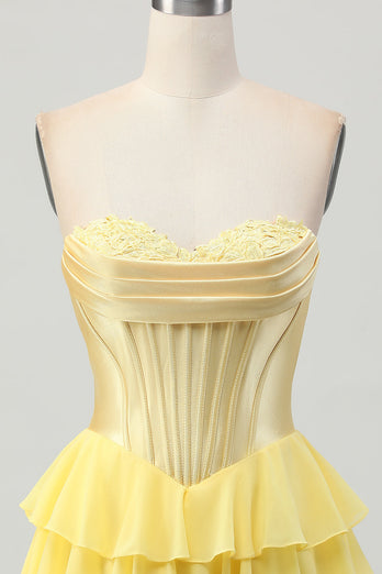 Yellow Ruched Corset Sweetheart Short Prom Dress with Appliques