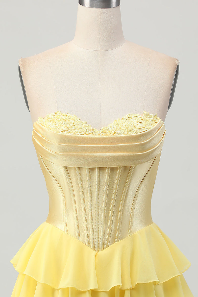 Load image into Gallery viewer, Yellow Ruched Corset Sweetheart Short Prom Dress with Appliques