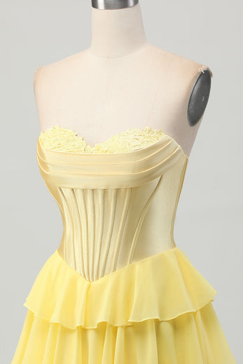 Yellow Ruched Corset Sweetheart Short Prom Dress with Appliques