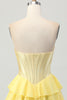 Load image into Gallery viewer, Yellow Ruched Corset Sweetheart Short Prom Dress with Appliques