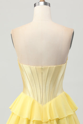 Yellow Ruched Corset Sweetheart Short Prom Dress with Appliques