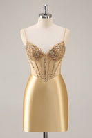 Load image into Gallery viewer, Sparkly Golden Corset Satin Tight Short Prom Dress with Rhinestones