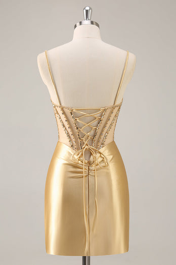 Sparkly Golden Corset Satin Tight Short Prom Dress with Rhinestones