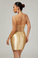 Load image into Gallery viewer, Sparkly Golden Corset Satin Tight Short Prom Dress with Rhinestones