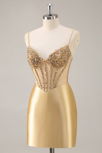 Sparkly Golden Corset Satin Tight Short Prom Dress with Rhinestones