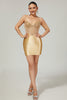 Load image into Gallery viewer, Sparkly Golden Corset Satin Tight Short Prom Dress with Rhinestones