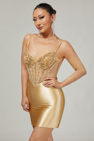 Load image into Gallery viewer, Sparkly Golden Corset Satin Tight Short Prom Dress with Rhinestones