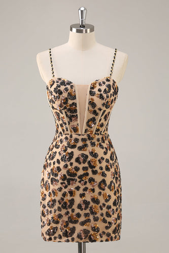 Sparkly Khaki Leopard Sequin Corset Tight Short Prom Dress