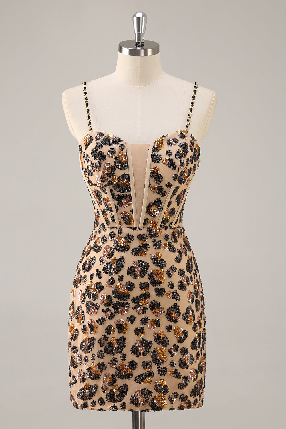 Sparkly Khaki Leopard Sequin Corset Tight Short Prom Dress