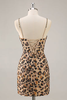 Sparkly Khaki Leopard Sequin Corset Tight Short Prom Dress