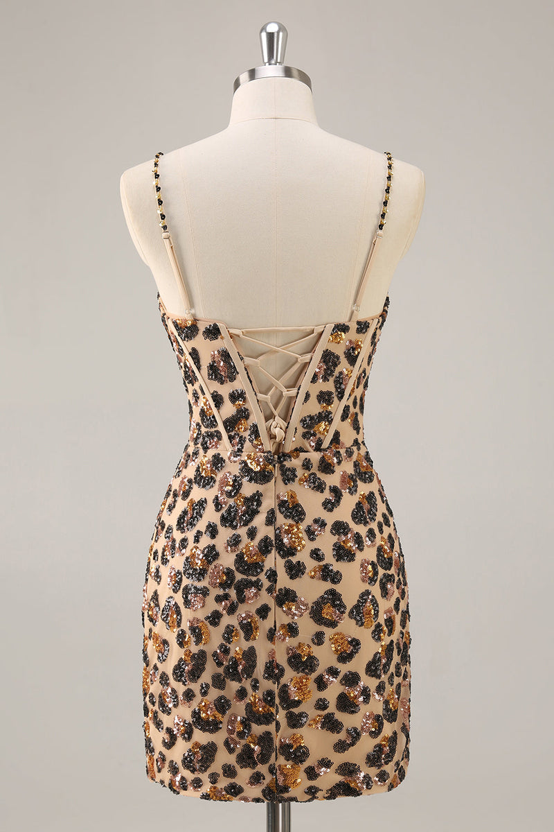 Load image into Gallery viewer, Sparkly Khaki Leopard Sequin Corset Tight Short Prom Dress