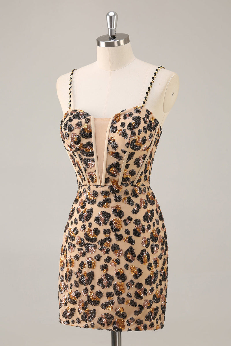 Load image into Gallery viewer, Sparkly Khaki Leopard Sequin Corset Tight Short Prom Dress
