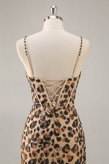 Sparkly Khaki Leopard Sequin Corset Tight Short Prom Dress