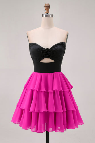 Black and Fuchsia Keyhole Short Floral Prom Dress with Ruffles