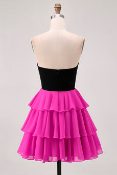 Black and Fuchsia Keyhole Short Floral Prom Dress with Ruffles
