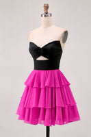 Load image into Gallery viewer, Black and Fuchsia Keyhole Short Floral Prom Dress with Ruffles