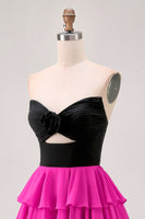 Load image into Gallery viewer, Black and Fuchsia Keyhole Short Floral Prom Dress with Ruffles