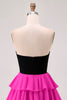 Load image into Gallery viewer, Black and Fuchsia Keyhole Short Floral Prom Dress with Ruffles