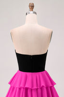 Load image into Gallery viewer, Black and Fuchsia Keyhole Short Floral Prom Dress with Ruffles