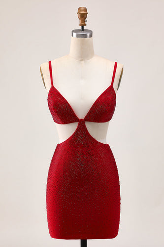 Sparkly Red Cut Out Tight Short Prom Dress with Beading