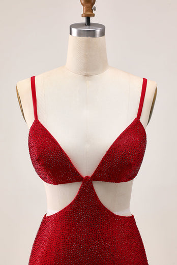 Sparkly Red Cut Out Tight Short Prom Dress with Beading
