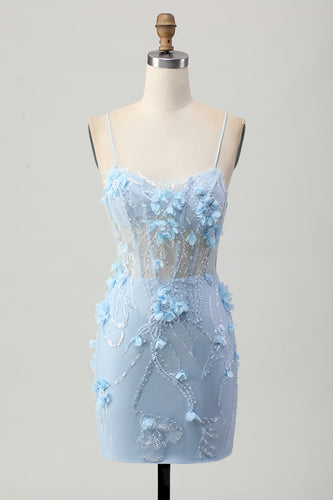 Sparkly Blue Floral Tight Corset Short Prom Dress with Sequins