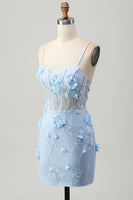 Load image into Gallery viewer, Sparkly Blue Floral Tight Corset Short Prom Dress with Sequins
