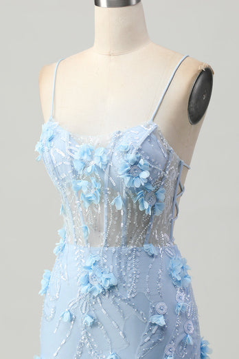 Sparkly Blue Floral Tight Corset Short Prom Dress with Sequins