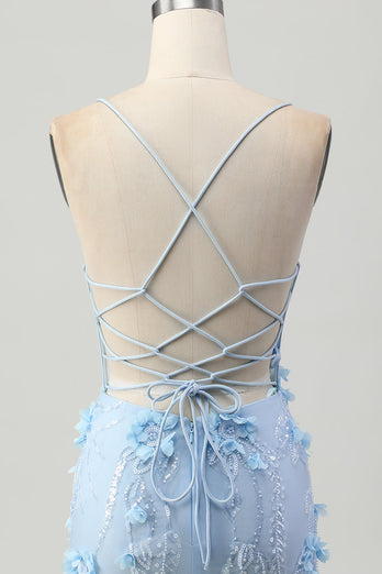 Sparkly Blue Floral Tight Corset Short Prom Dress with Sequins