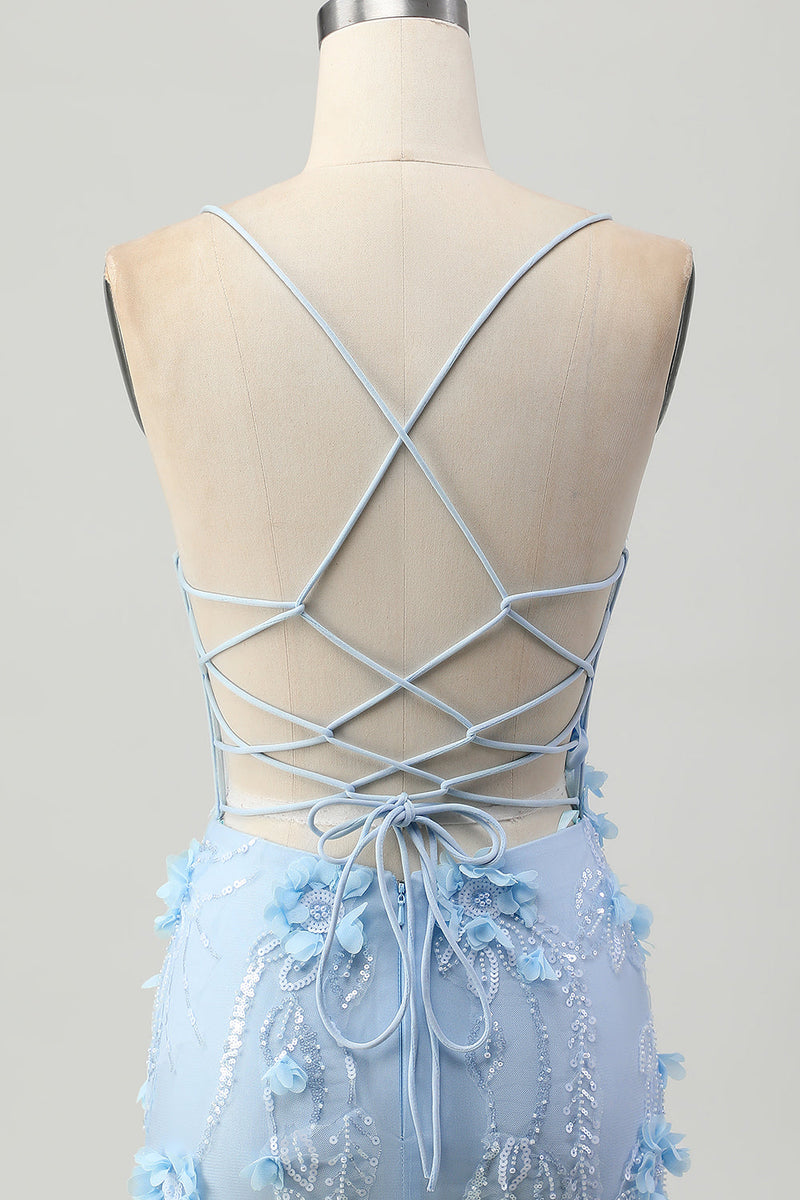 Load image into Gallery viewer, Sparkly Blue Floral Tight Corset Short Prom Dress with Sequins