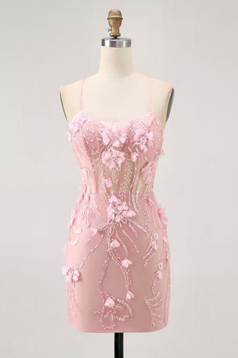 Sparkly Blue Floral Tight Corset Short Prom Dress with Sequins