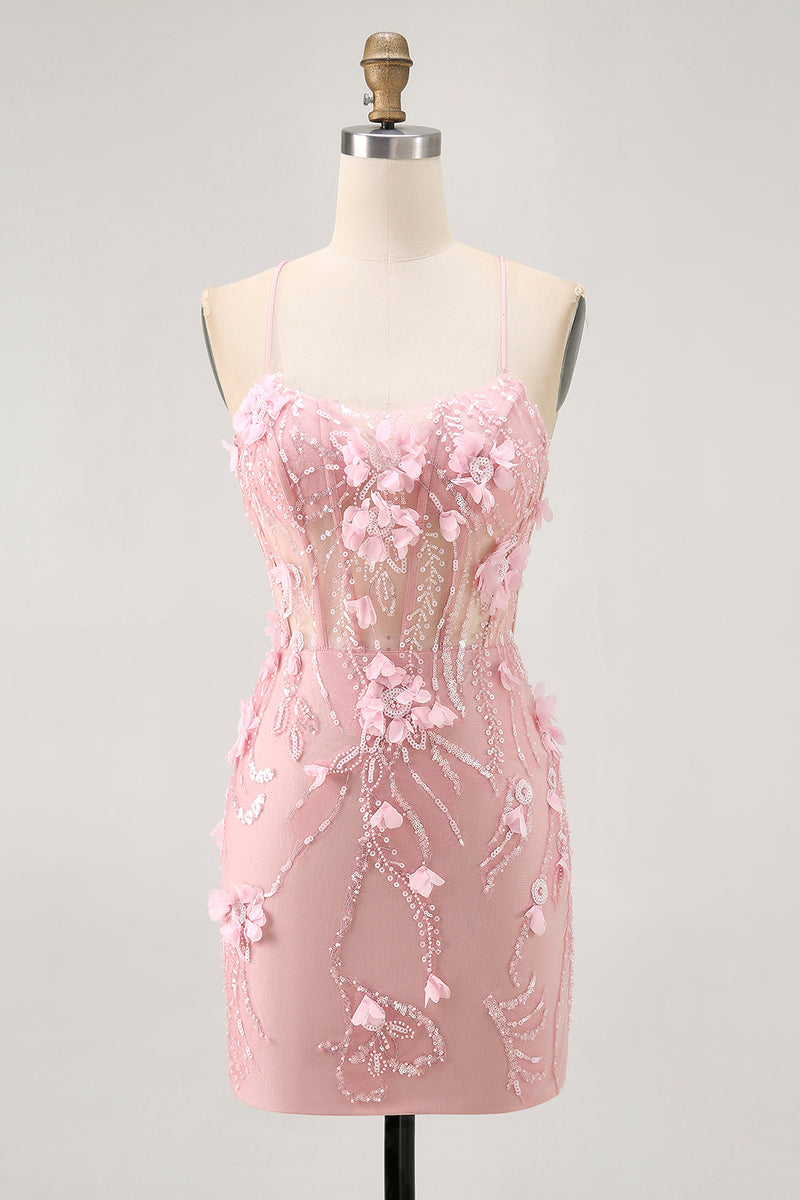 Load image into Gallery viewer, Sparkly Blue Floral Tight Corset Short Prom Dress with Sequins