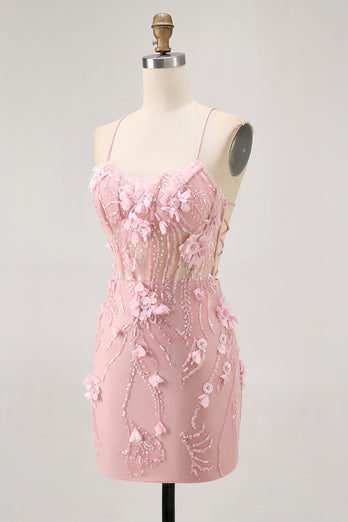 Sparkly Blue Floral Tight Corset Short Prom Dress with Sequins