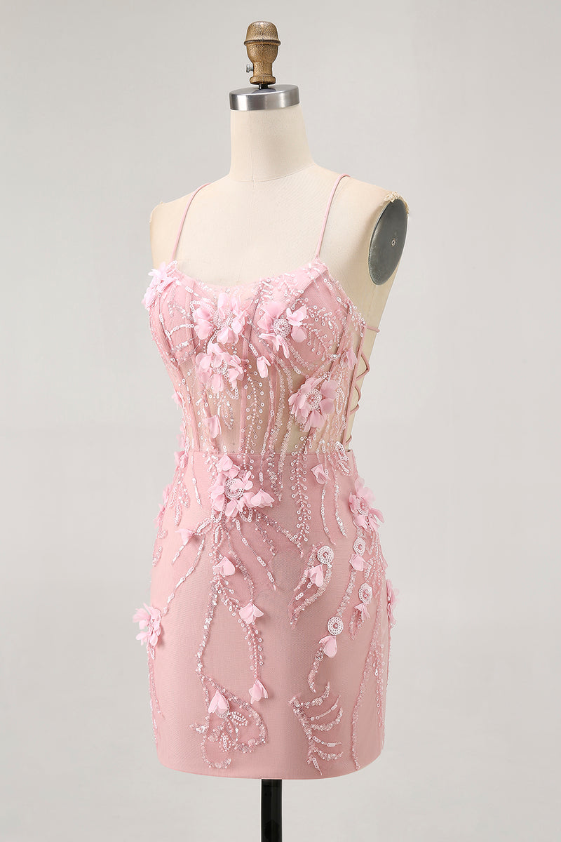 Load image into Gallery viewer, Sparkly Blue Floral Tight Corset Short Prom Dress with Sequins