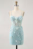 Load image into Gallery viewer, Sparkly Blue Floral Tight Corset Short Prom Dress with Sequins