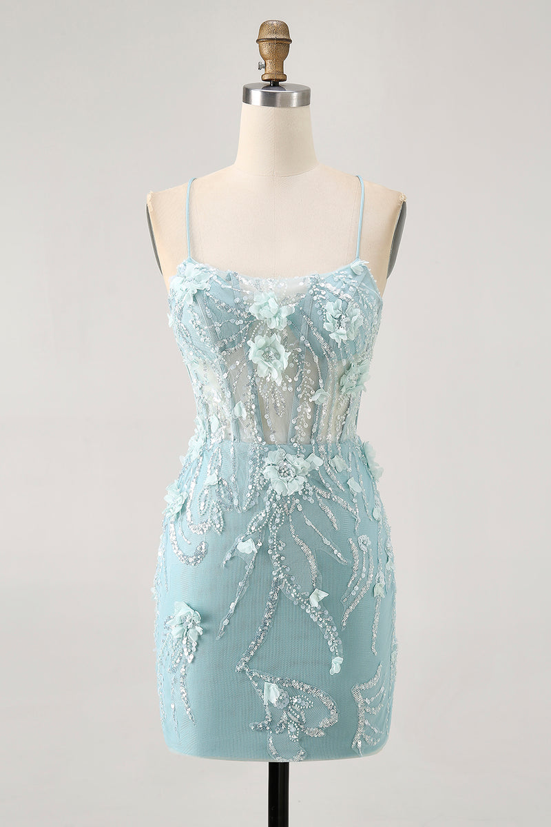 Load image into Gallery viewer, Sparkly Blue Floral Tight Corset Short Prom Dress with Sequins