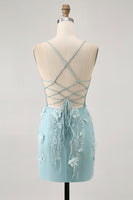 Load image into Gallery viewer, Sparkly Blue Floral Tight Corset Short Prom Dress with Sequins