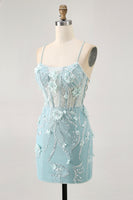 Load image into Gallery viewer, Sparkly Blue Floral Tight Corset Short Prom Dress with Sequins