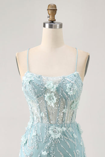 Sparkly Blue Floral Tight Corset Short Prom Dress with Sequins
