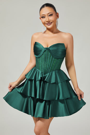 Sparkly Dark Green Strapless Corset Short Prom Dress with Beading