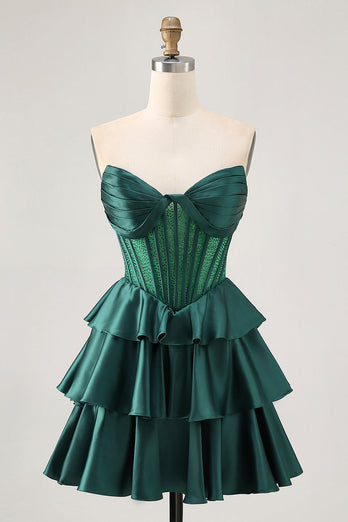 Sparkly Green Ruffles Corset Strapless Short Prom Dress with Beading